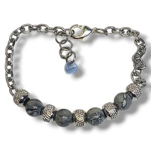 Stainless Steel Bracelet Gray Black Stone Beads Adjustable 8–9" S.‎ Steel Tag
